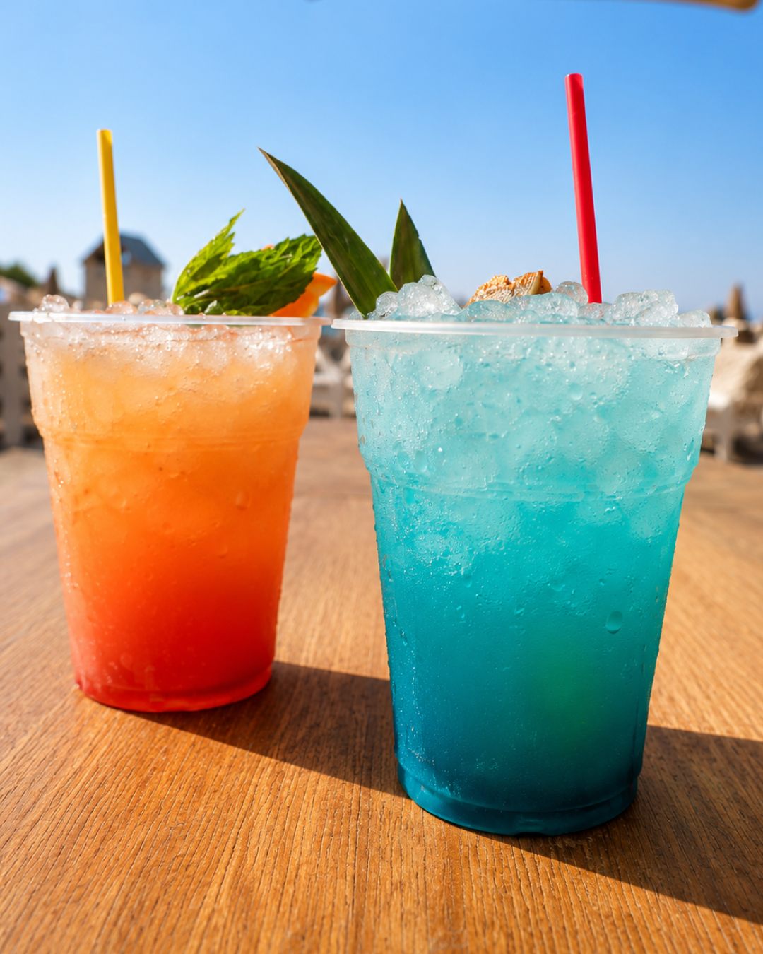 Two iced cocktails against a blue sky